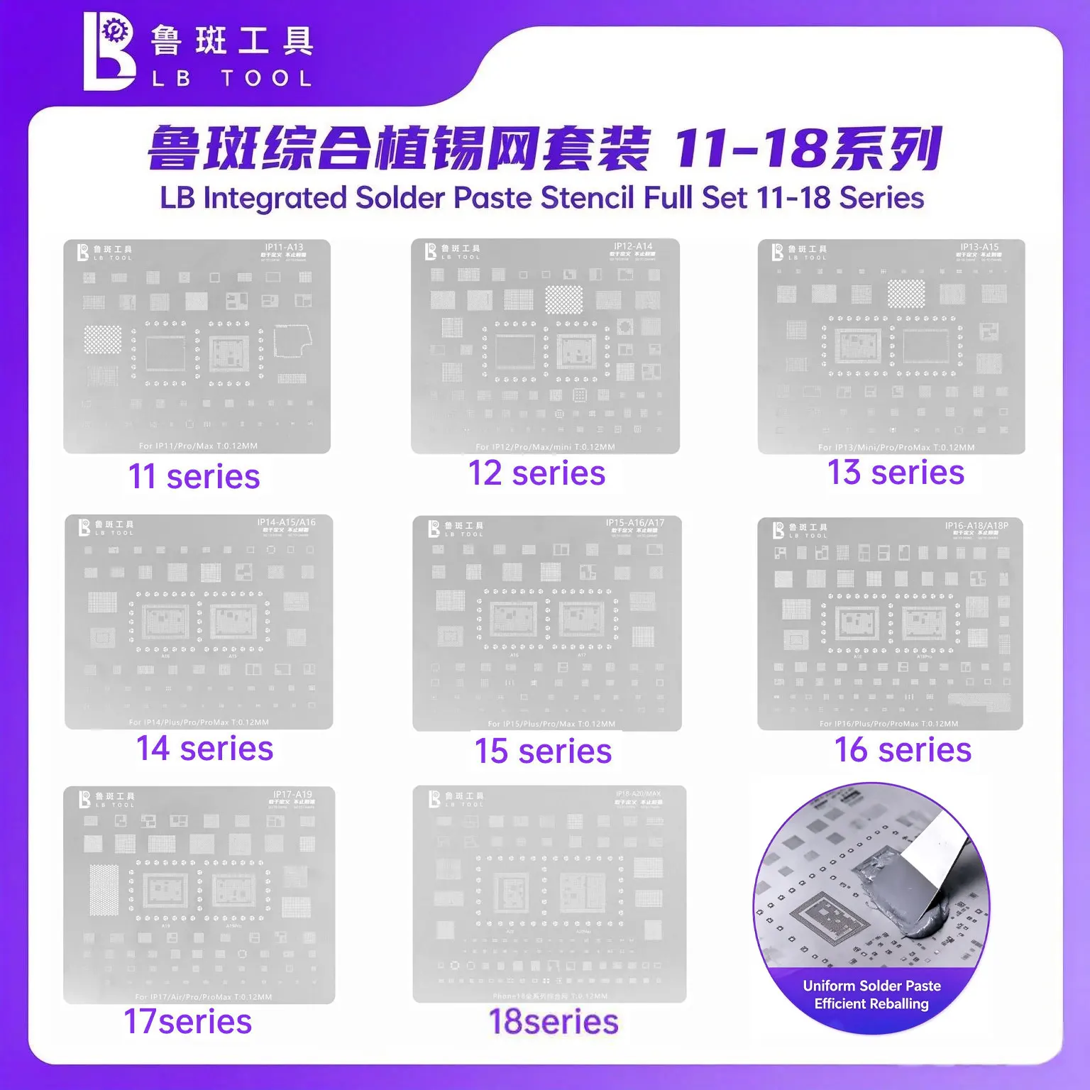 LUBAN BGA Reballing Stencil  0.12mm, for iPhone 11-18 series comprehensive tin mesh CPU integrated circuit soldering repair