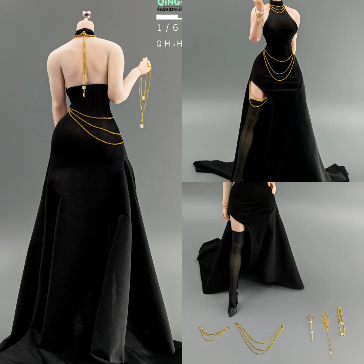 

【Clothing Only】 QHXHKW-G-D001 1/6 Black Neck Hanging Sleeveless Long Dress Elegant Evening Gown Fit 12inchs Action Figure Body