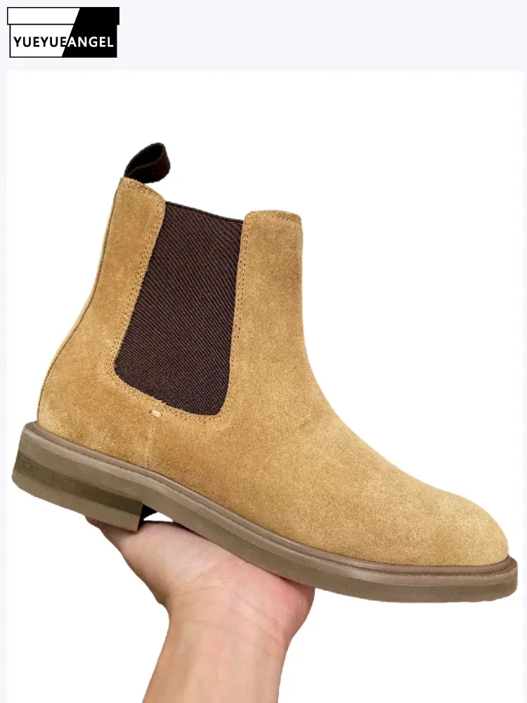 

Autumn Winter Men Deerskin Chelsea Boots Genuine Cow Leather Lining Slip-On Footwear British Style Ankle Boots High Top Shoes