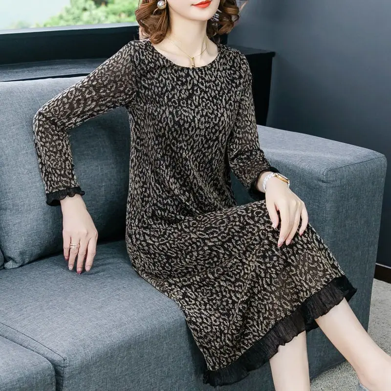 

Spring and Autumn Women's Round Neck Long Sleeve Panel Gauze Printing Loose Plus Size Pullover Elegant Fashion Casual Dress