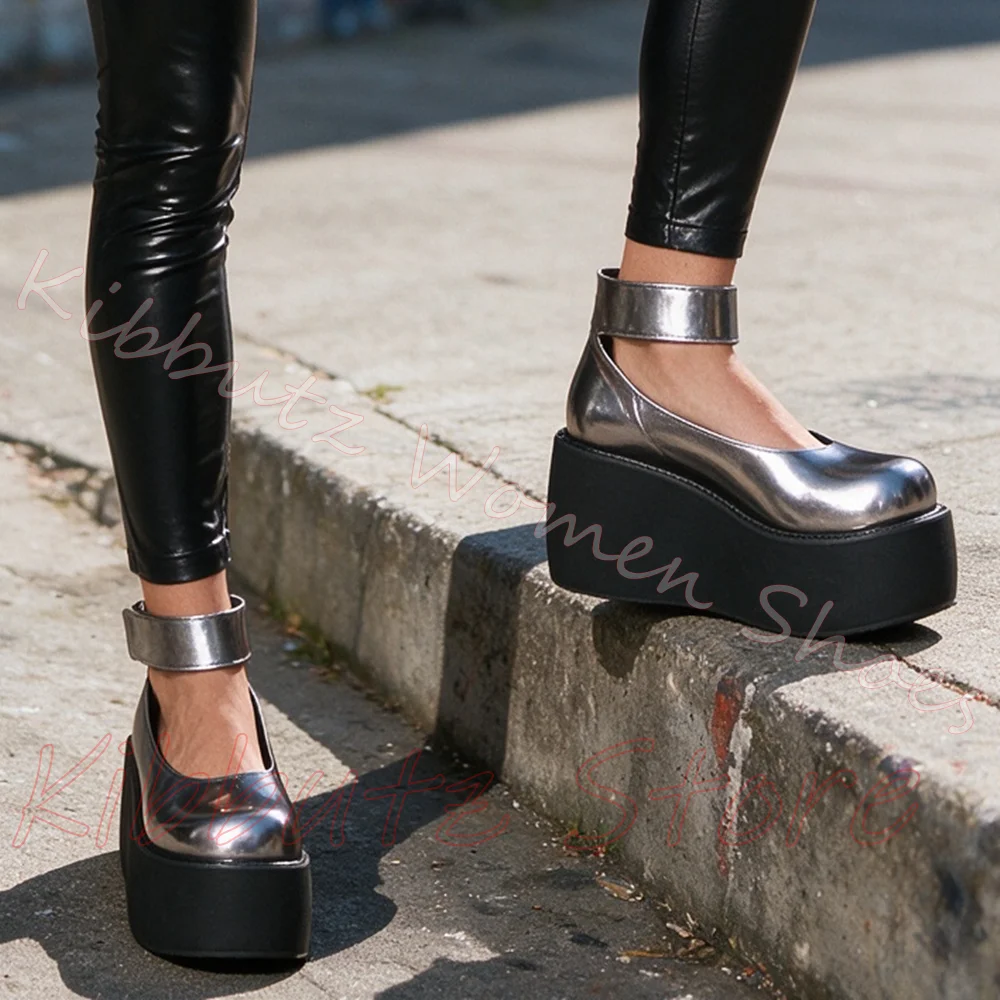 Mary Jane Pumps Platform Round Toe Wedge Wide Adjustable Ankle Strap Thick Bottom Slip Sole Goth Y2K Club Casual Leather Shoes