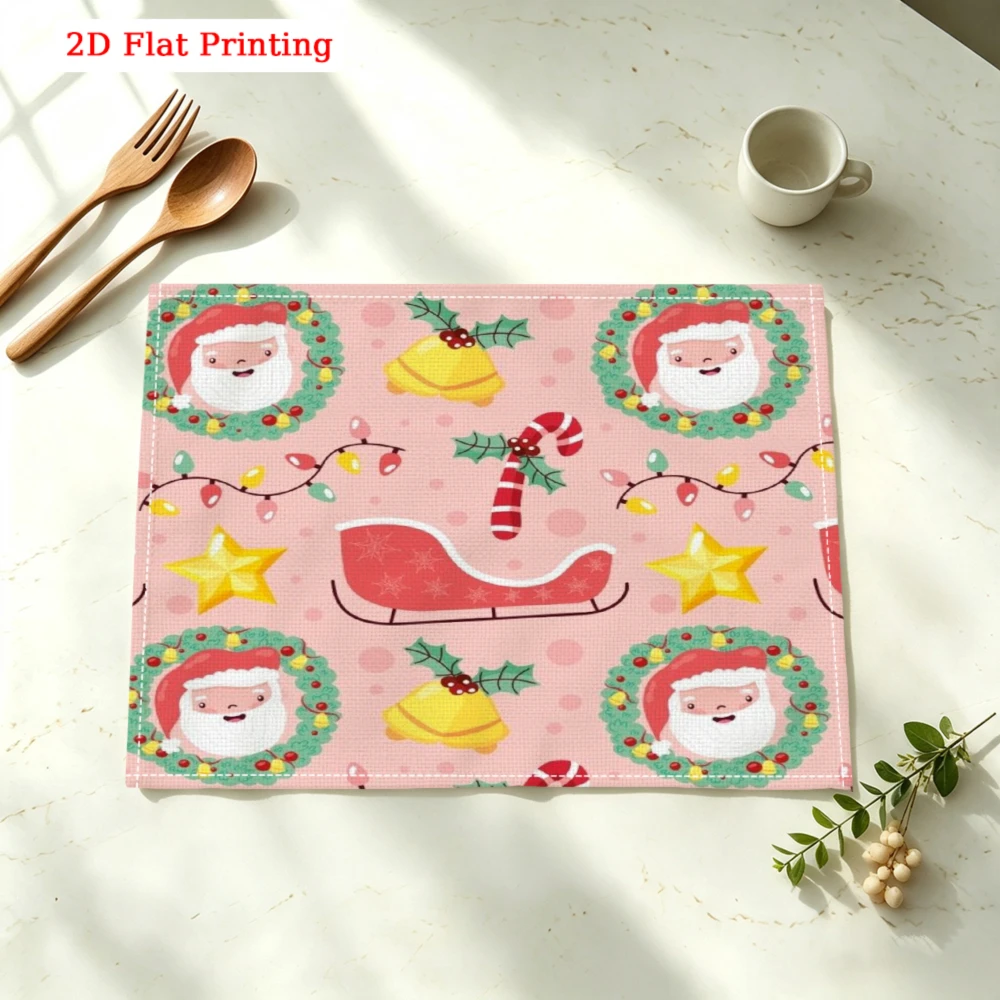 1pc Christmas Style Placemat Pink Santa Claus Sleigh Bell Pattern Table Mat For Kitchen Dining Home Decor Party Use 30x40cm