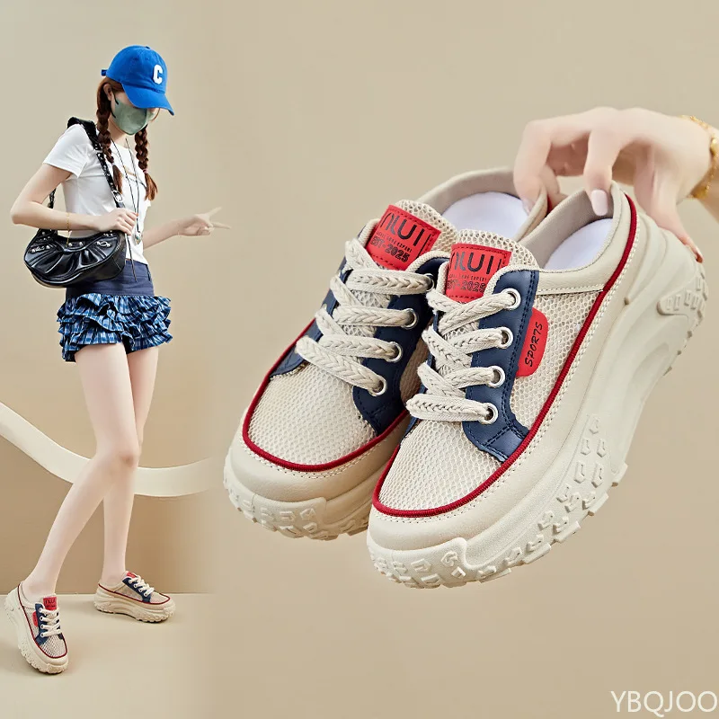 أحذية صيفية شبكية قابلة للتنفس كاجوال متعددة الاستخدامات بنصف سحب أحذية نسائية عصرية بنعل سميك لزيادة الارتفاع أحذية نسائية 2026