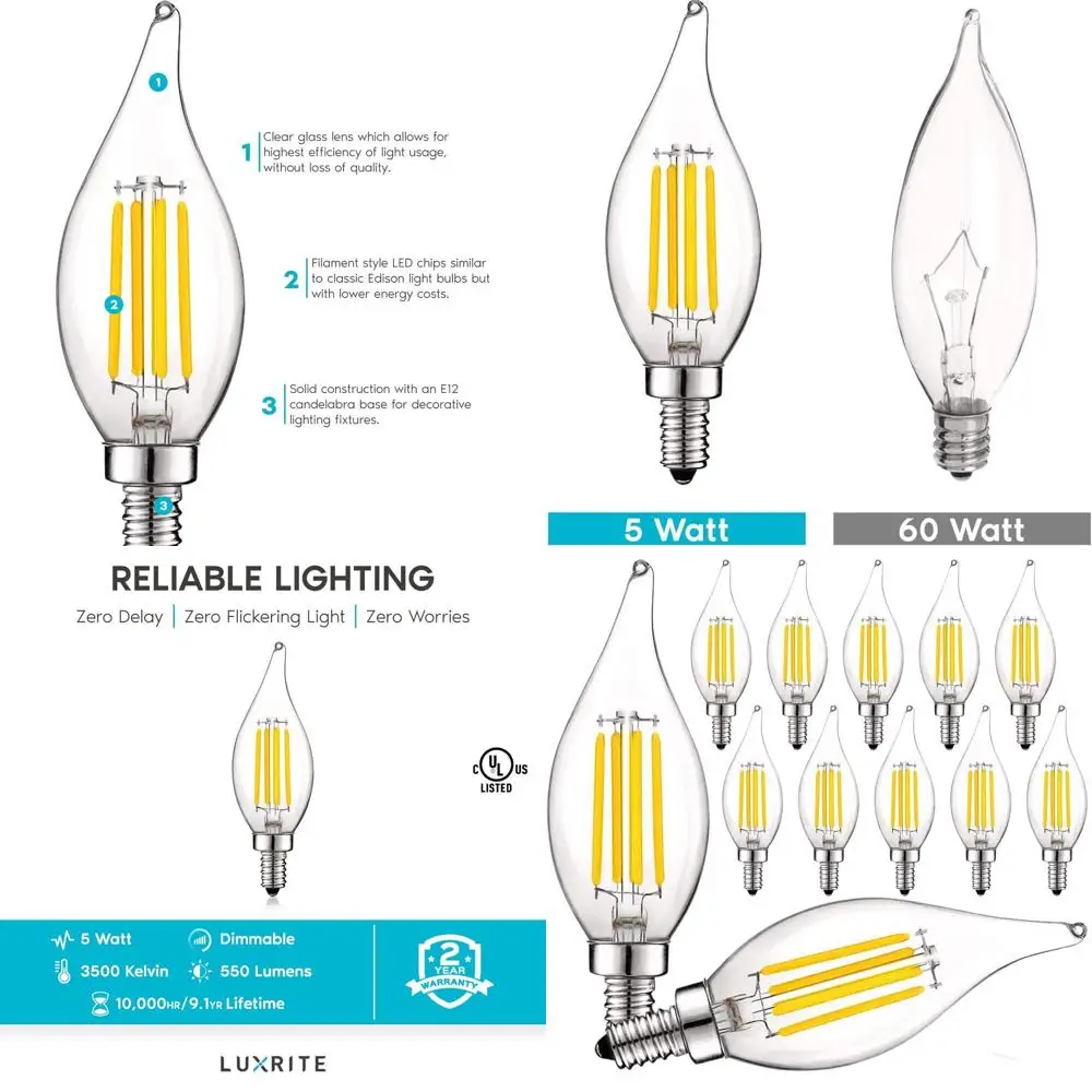 

Светодиодная лампа-канделябр 5 Вт, диммируемая, 550 люмен, 3500K, с эффектом пламени, прозрачное стекло, цоколь E12, упаковка 12 шт.