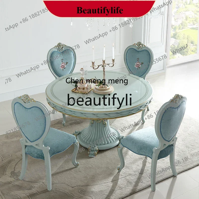 

z183 French pastoral 1.38M round dining table and chair combination small apartment carved non-solid wood customization
