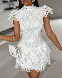 Elegant Dresses Women 2024 Mock Neck Short Sleeve Guipure Lace Embroidered White Hollow Slim High Waist Mini Bodycon Dress Club