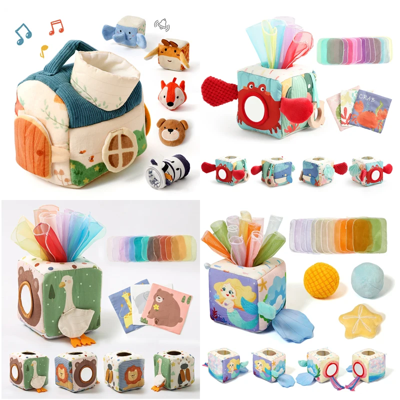 BPA-Free Baby Cotton Tissue Box Toy Montessori Sensory Toy Soothing Activity Box Promotes Infant Fine Motor Development Baby Toy