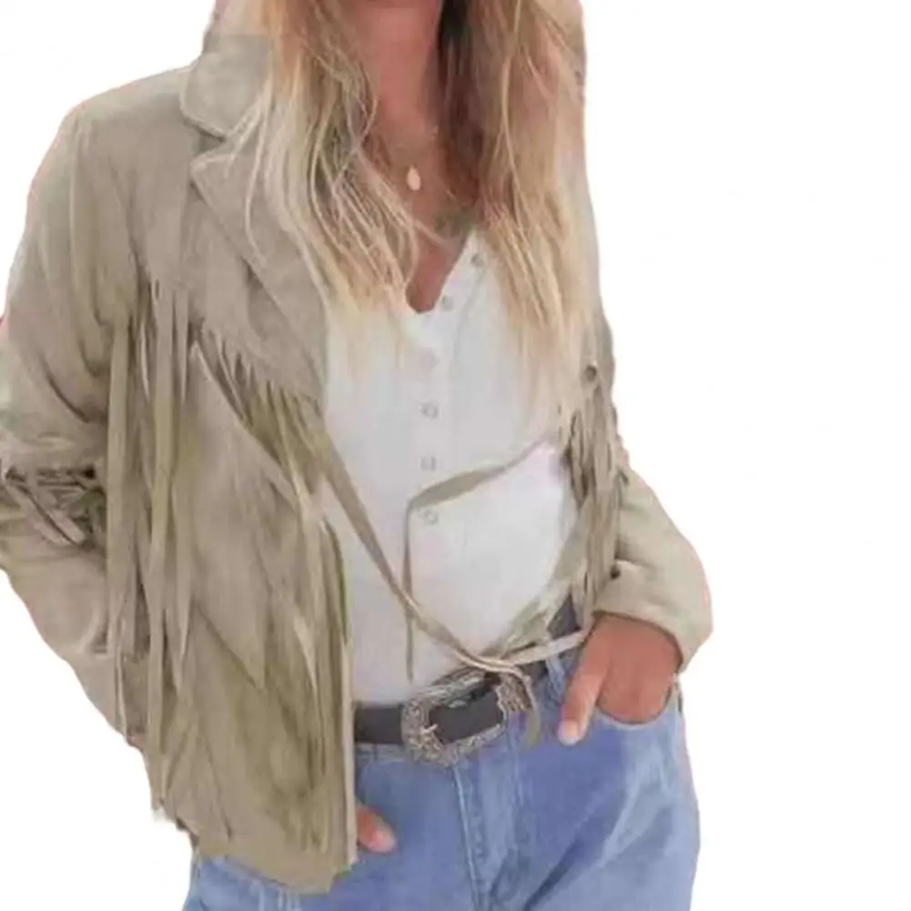 Autumn Women Fringed Hem Tassel Cardigan Crop Tops E girl Motor Biker Jacket Suede Leather Jacket 90s Vintage Streetwear Coa