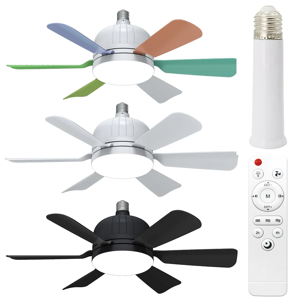 Socket Fan Light with Remote E27 Ceiling Lamp with 6 Blades with Extension Rod Socket Ceiling Fan Light Bulb Fan for Dining Room