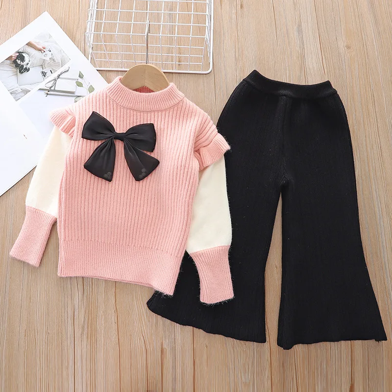 Childrens Sets Girls Sweater Knitting Two Piece Set Autumn Winter New Bow Knot Undershirt Round Neck Soild Patchwork