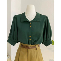 Niche Ladies' Shirts Summer New Retro Green Short-sleeved Top Unique Lady Outer Wear Hong Kong Style Female Clothing Popular