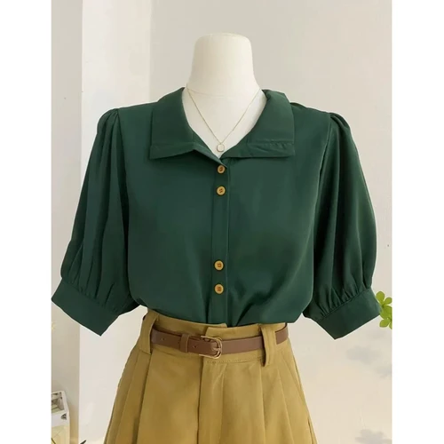 Imagen 1 del producto Camisas de nicho para mujer, novedad de verano, Top Retro verde de manga corta, ropa exterior única para mujer, ropa femenina de estilo de Hong Kong Popular
