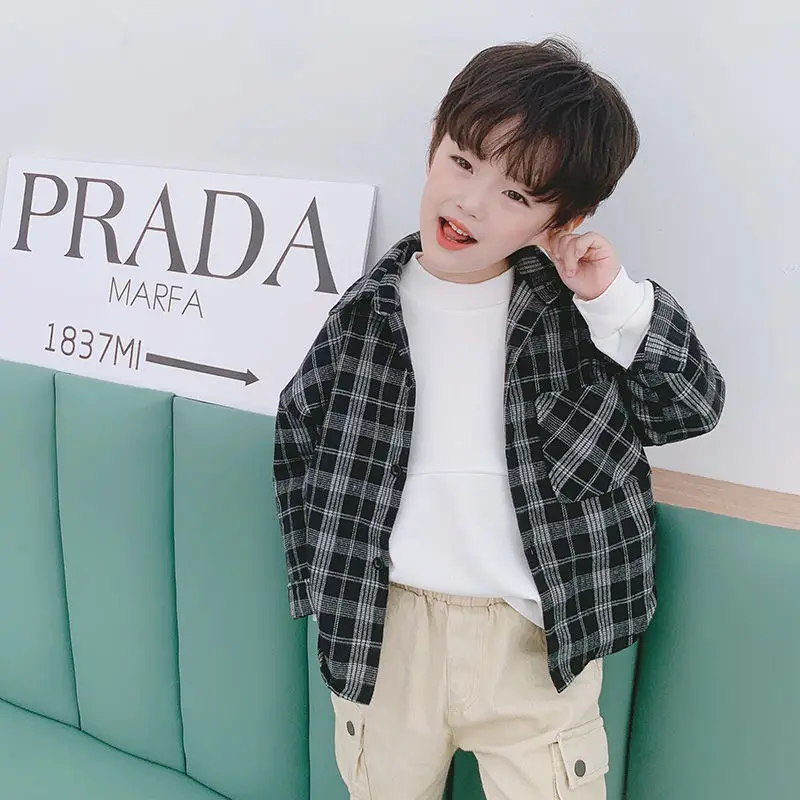 

Boy's Vintage Plaid Shirt Korean Style Lapel Long Sleeve with Pocket Spring and Autumn Casual Retro Children's Clothes