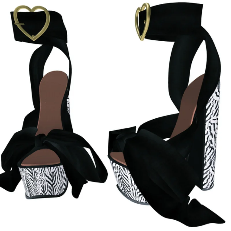 

Black Zebra Pattern Bow Knot Sandals Chuny Heel Peep Toe Fashion Sexy Cool 2025 Summer Big Size Woman Shoes Zapatillas Mujer