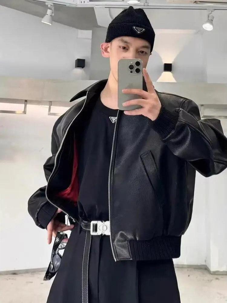 

Retro American Hip Hop ort PU Leather Jaet Men's Loose Motorcycle Jaet Outerwear Autumn Faion Straight Hemline