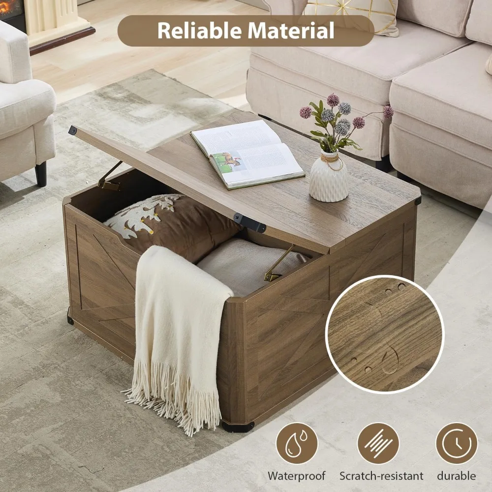 Rustic Modern Farmhouse Coffee Table - Large Square Storage, Flip-Top Design