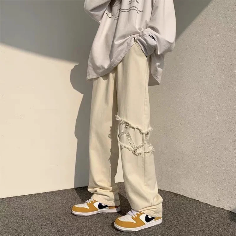 

Preppy Style Elastic Solid Color Zipper Pockets High Waisted Casual Trousers Straight Men's Clothing Spring Autumn Pants
