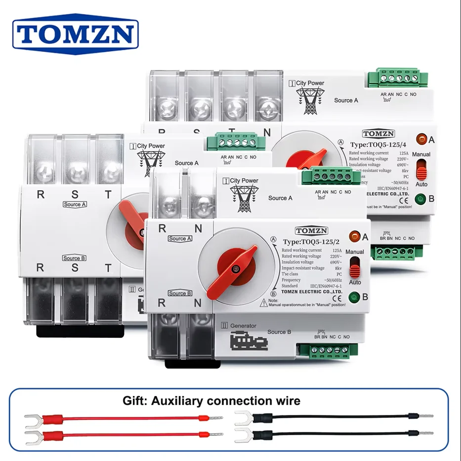 TOMZN Din Rail 2P 3P 4P ATS Dual Power Automatic Transfer Switch Electrical Selector Switches Uninterrupted Power 63A 100A 125A