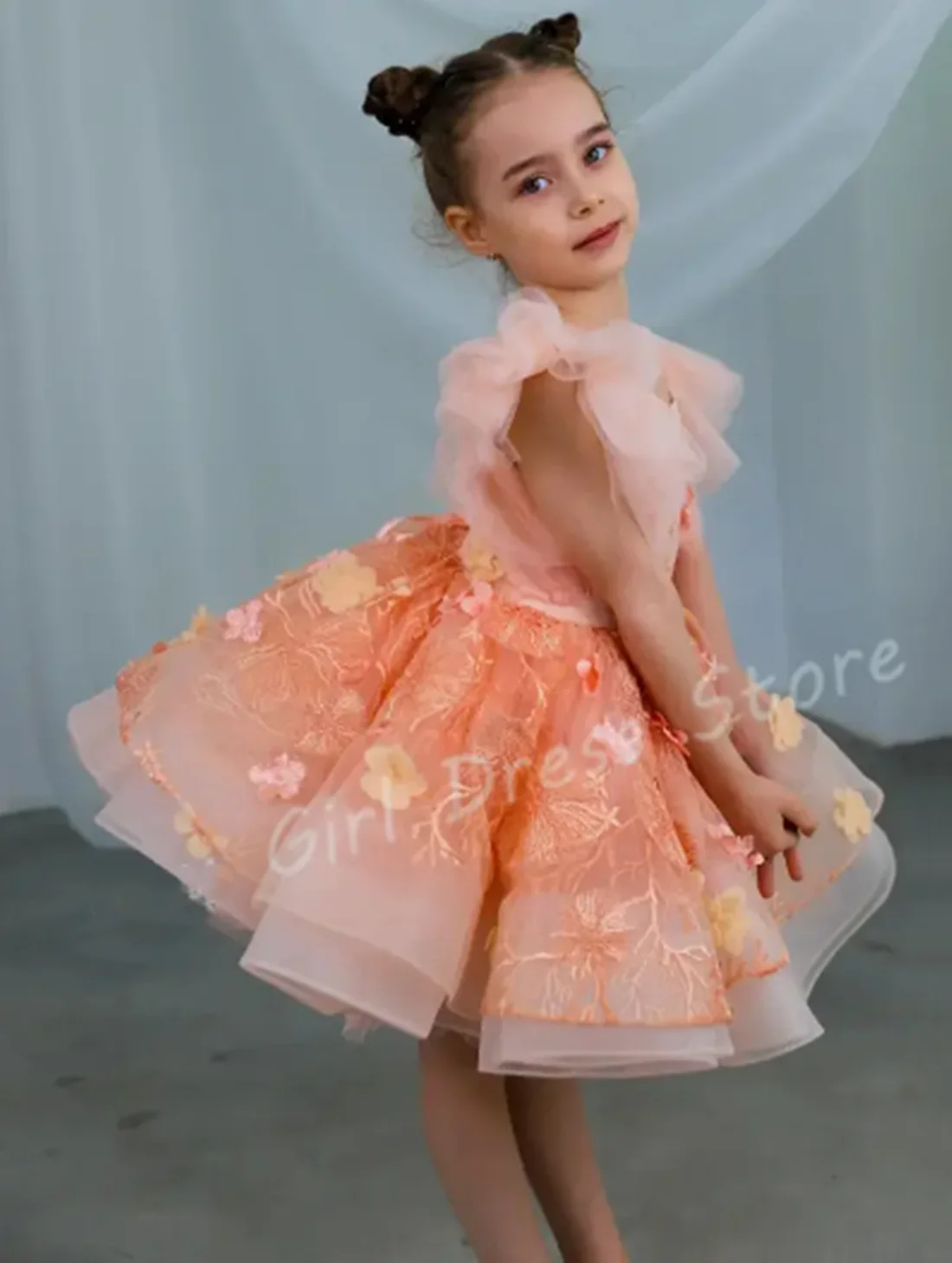 Robe à fleurs en Tulle personnalisée pour filles, pour mariage, avec des Appliques florales, longueur aux genoux, bouffante, jolie robe de séance Photo pour fête d'anniversaire pour enfants