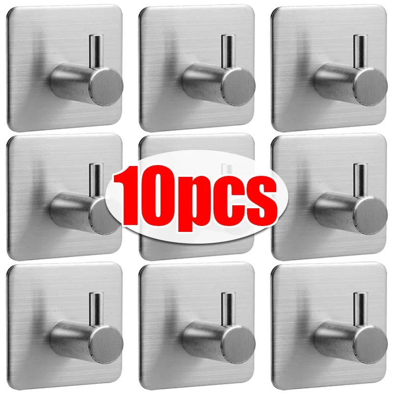 10/1PCS Self Adhesive Hook Heavy Duty Stainless Steel Wall Hooks Towel Clothes Rack Hangers Bathroom Kitchen Storage Holders