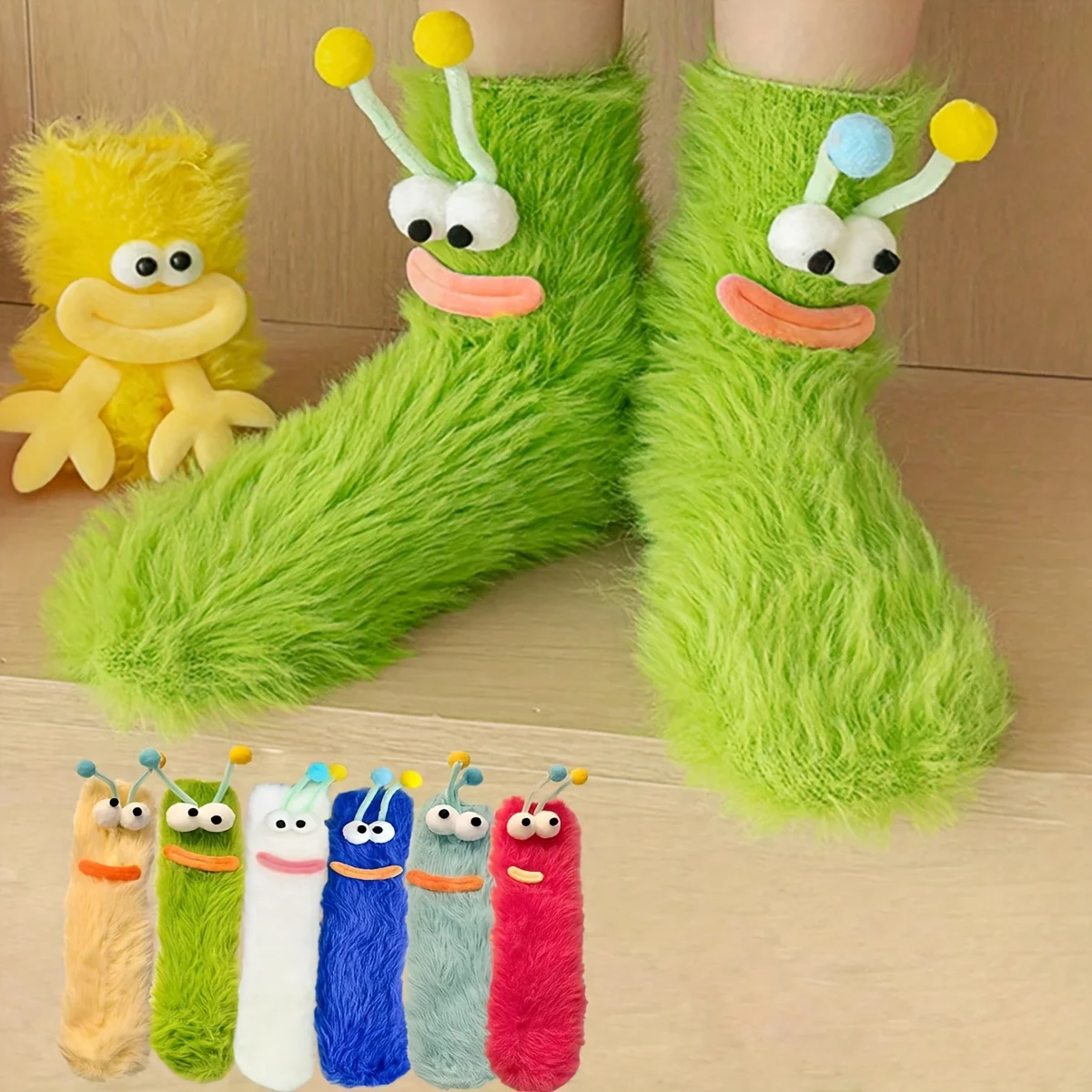 1 Paar lustige Plüsch-Bodensocken, weiche Raupe, Beinwärmer, grün mit Augen, gemütlich, für drinnen und draußen, Winter, Unisex, Neuheitsgeschenk