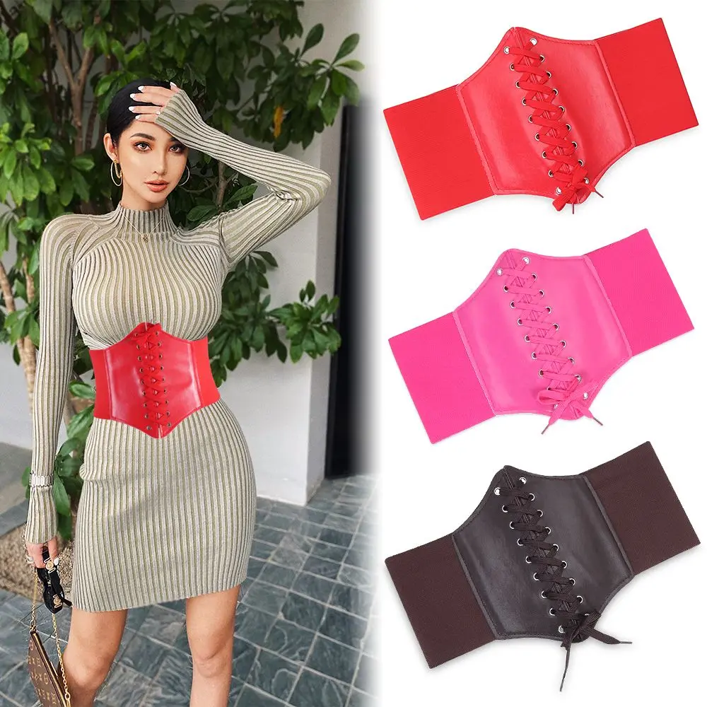 

Elastic PU Leather High Waist Shoelace Dress Skirt Decorations Cummerbunds Female Waistband Wide Waist Belt Shaping Girdle Belt