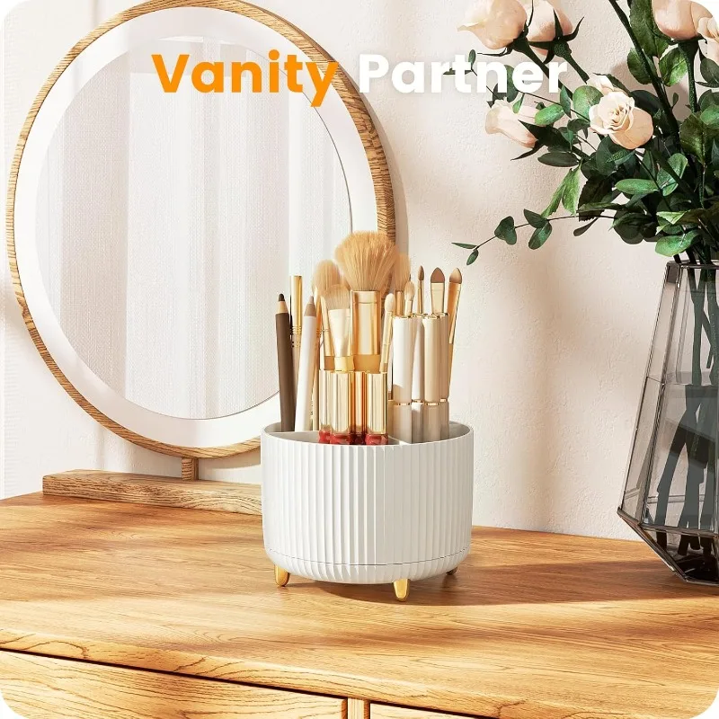 360°1pc Plastic Cosmetic Storage with 5 Compartments Rotating Makeup Organizer - Multi-Functional Holder for Brushes