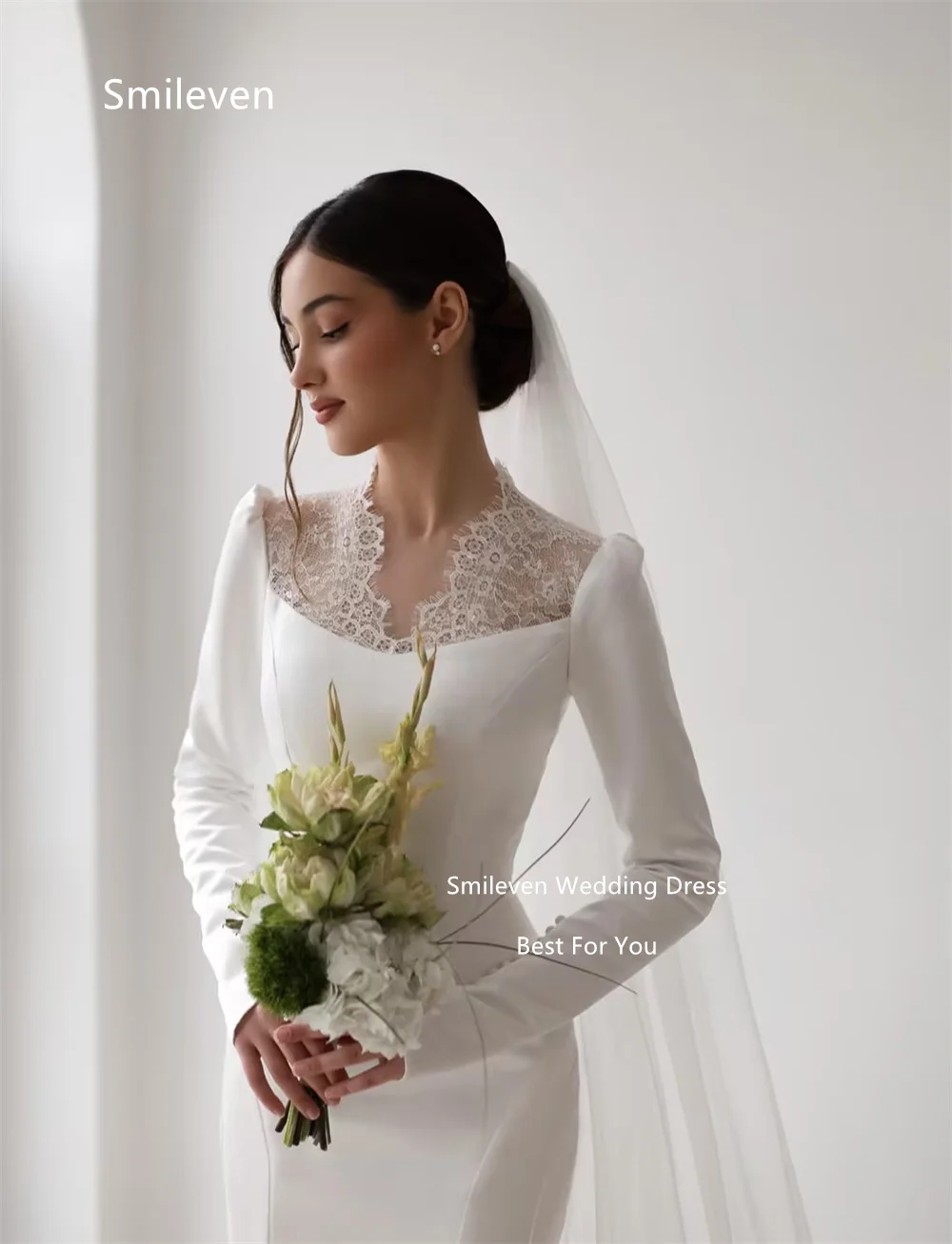 Smileven White Mermaid Wedding Dresses Lace Yoke V‑Neck Long Sleeve Bridal Dress Side Pearl Buttons Train Gowns Customized 2026