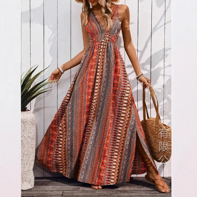 Afbeelding 5: Boheemse stijl print mouwloze lange jurken dames zomer v-hals backless leace-up splitjurk casual dame vakantie vestidos