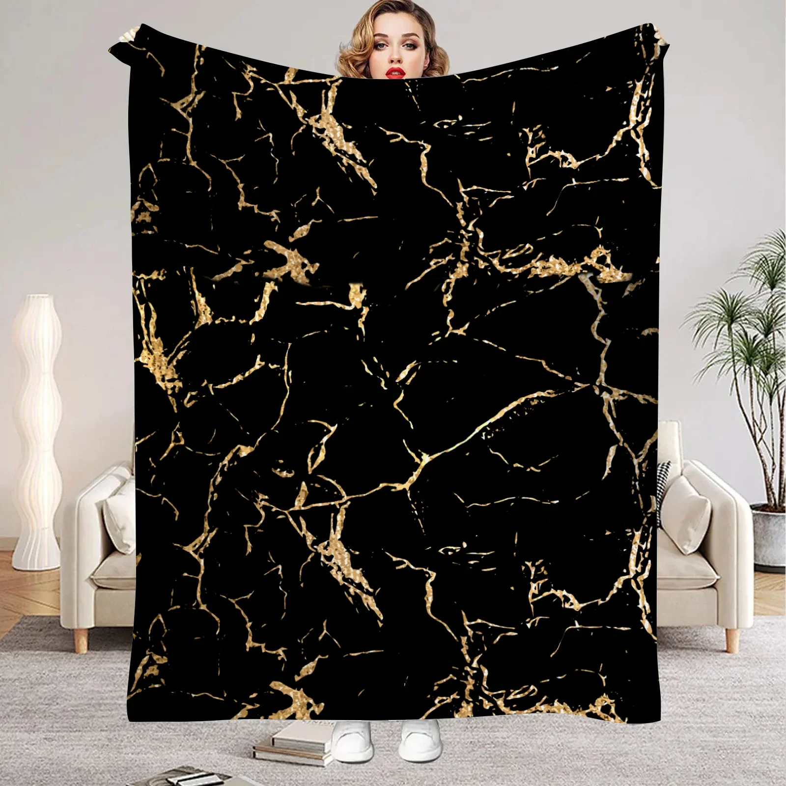 1pc Black Blanket Veined Marble Printed Luxury Comfortable Flannel Blanket for Home Living Room Bedroom Decoration Birthday Gift