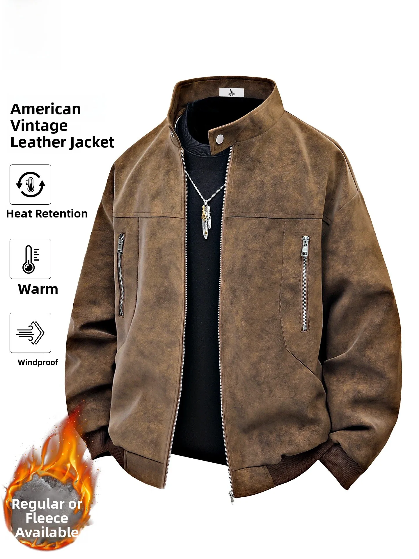 

Kangaroo Men's PU Leather Jaet Thiened Fce Lined Stand Collar Winter Coat Warm Sli Retro American Brand Outerwear