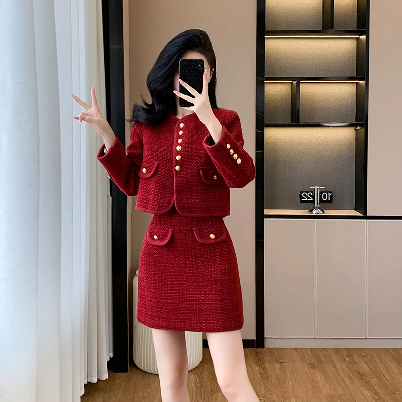 New Year Red Tweed Party Two Piece Set Elegant Women Gold Single Breasted Short Jacket Coat + Long Wool Bodycon Midi Skirt Suits