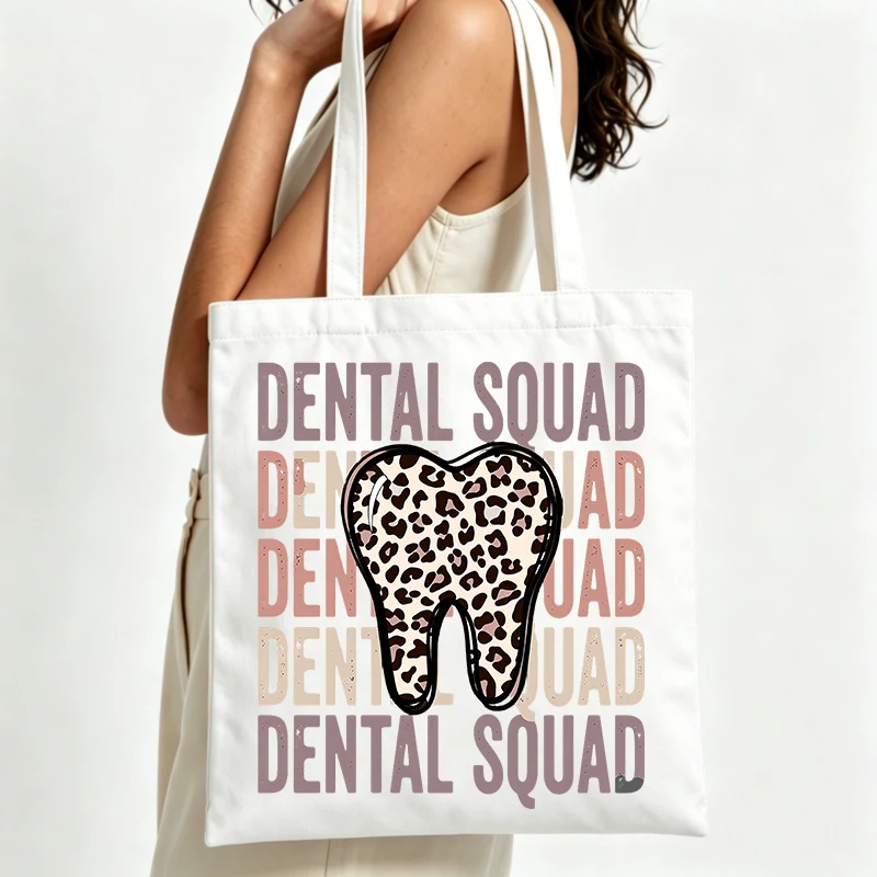 leopard tooth graphic canvas tote bag with slogan print, ideal for daily shopping and casual outings