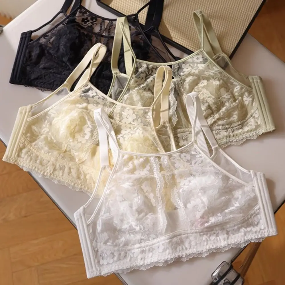 Reggiseno a V profondo senza fili con fiore in rete di moda, intimo antiurto per donna, reggiseno sottile in pizzo anti-cedimento regolabile