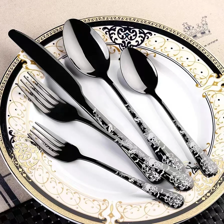 

Black Skull Stainless Steel Set Tableware Knife Spoon Fork Dessert Fork Spoon Gothic Pattern Unique Design Hotel Western Steak