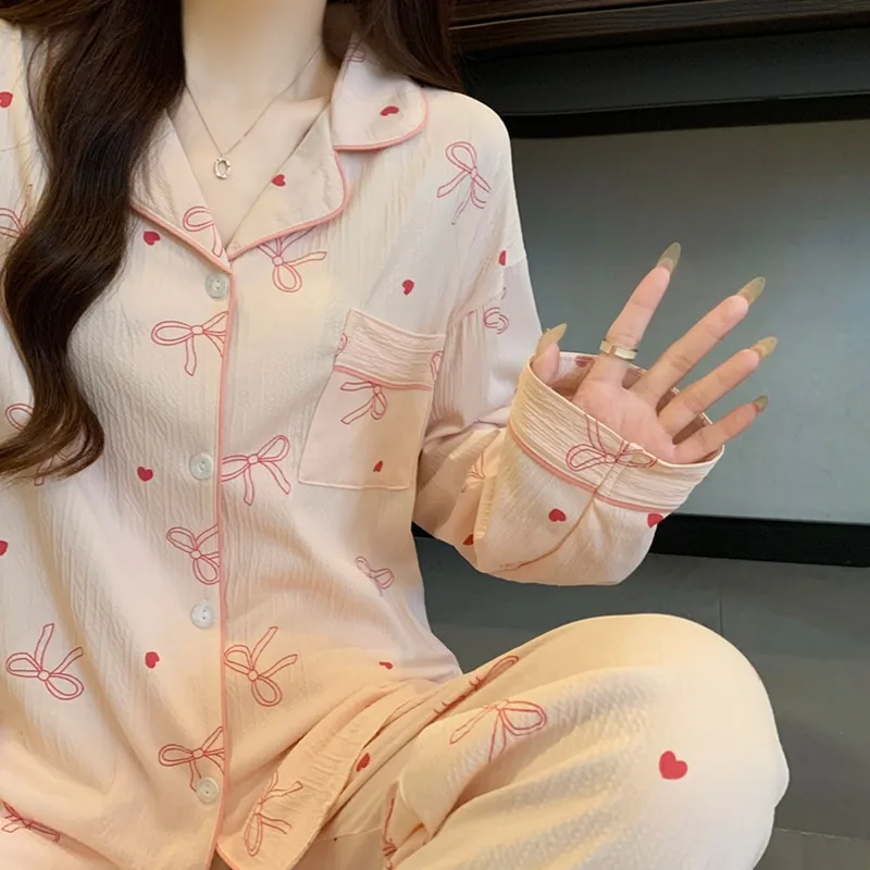 الوردي ربطة القوس فيونكة الحب طباعة منامة للنساء كم طويل بلوزات ومرونة الخصر السراويل منامة مجموعة Harajuku نمط ملابس منزلية جديدة غير رسمية