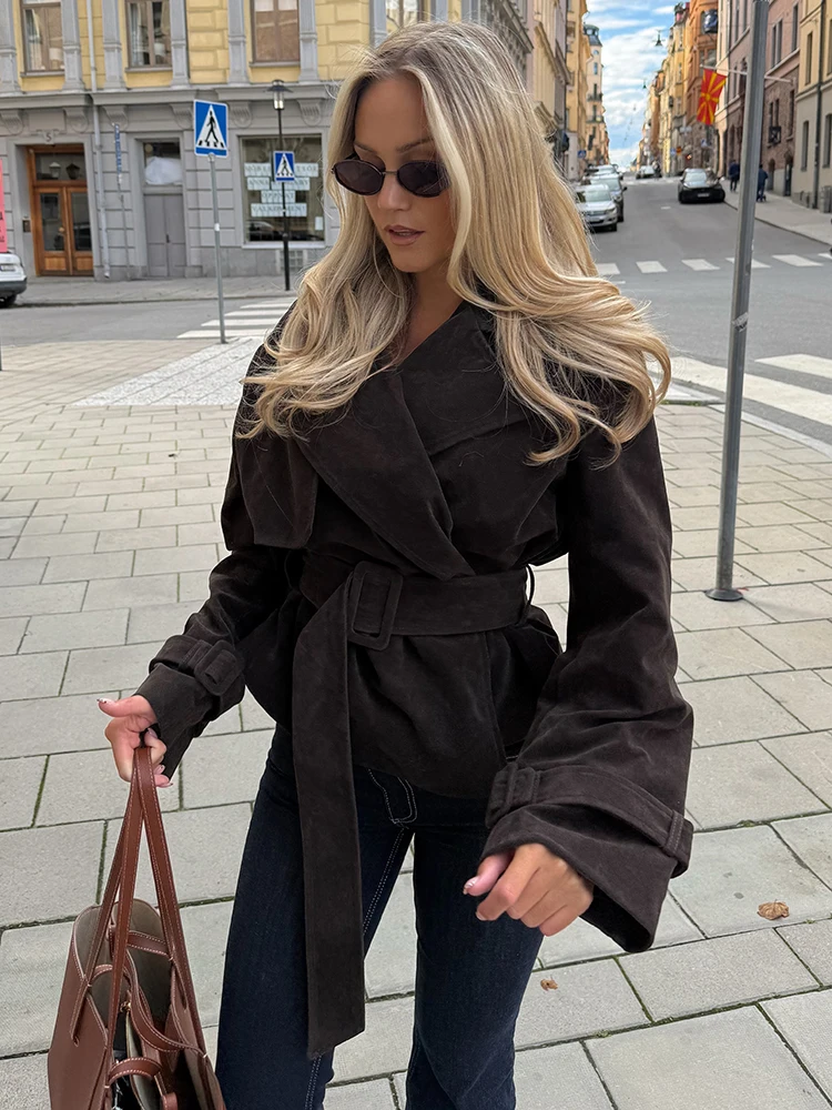 Vintage V-neck Faux Suede Cropped Jacket Women Lapel Collar Belted Waist Long Sleeve Short Coat Chic Street Style Outerwear 2026