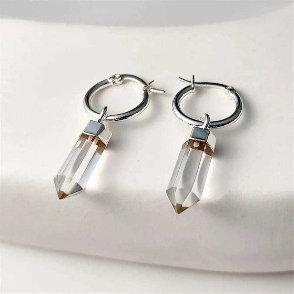 FUWO 1 Pair Natural Crystal Point Earrings,silver Plated Handmade Faceted Semi-precious Stone For Women Gift ER125Y