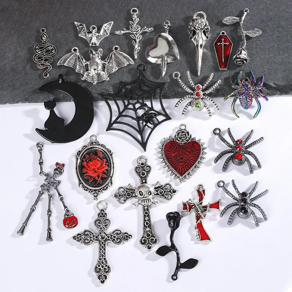 

diy accessories in punk style, featuring popular retro spider, bat, heart, cross and gothic style accessories