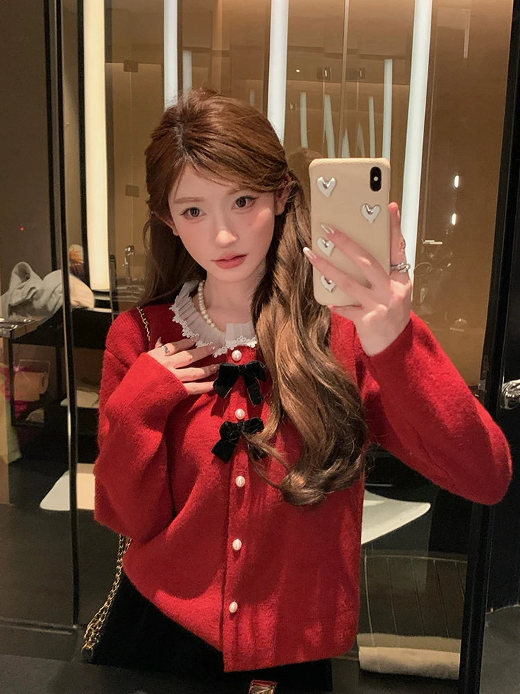 

Chen DaYu Cisas New Year Red Bow Knot Women's Knitted Sweater Autumn Winter Unique Beautiful Knit Open Cardigan Warmth