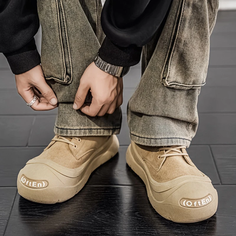 

New Four Seasons Men's High-top Flat Bottom Low-top Round Toe Solid Color Lace-up Versatile Leather Surface Retro Sports Shoes