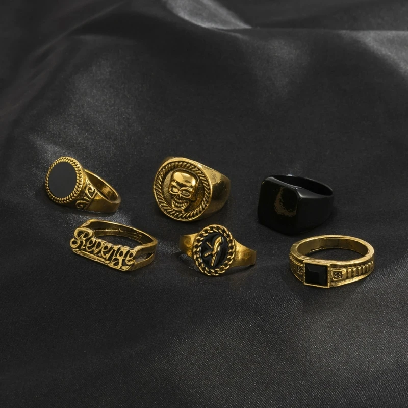 6Pcs Vintage Black Stone Rings for Men Gothic Skeleton Portrait Couple Emo Y2k Fashion Jewelry Ring Set for Women Men