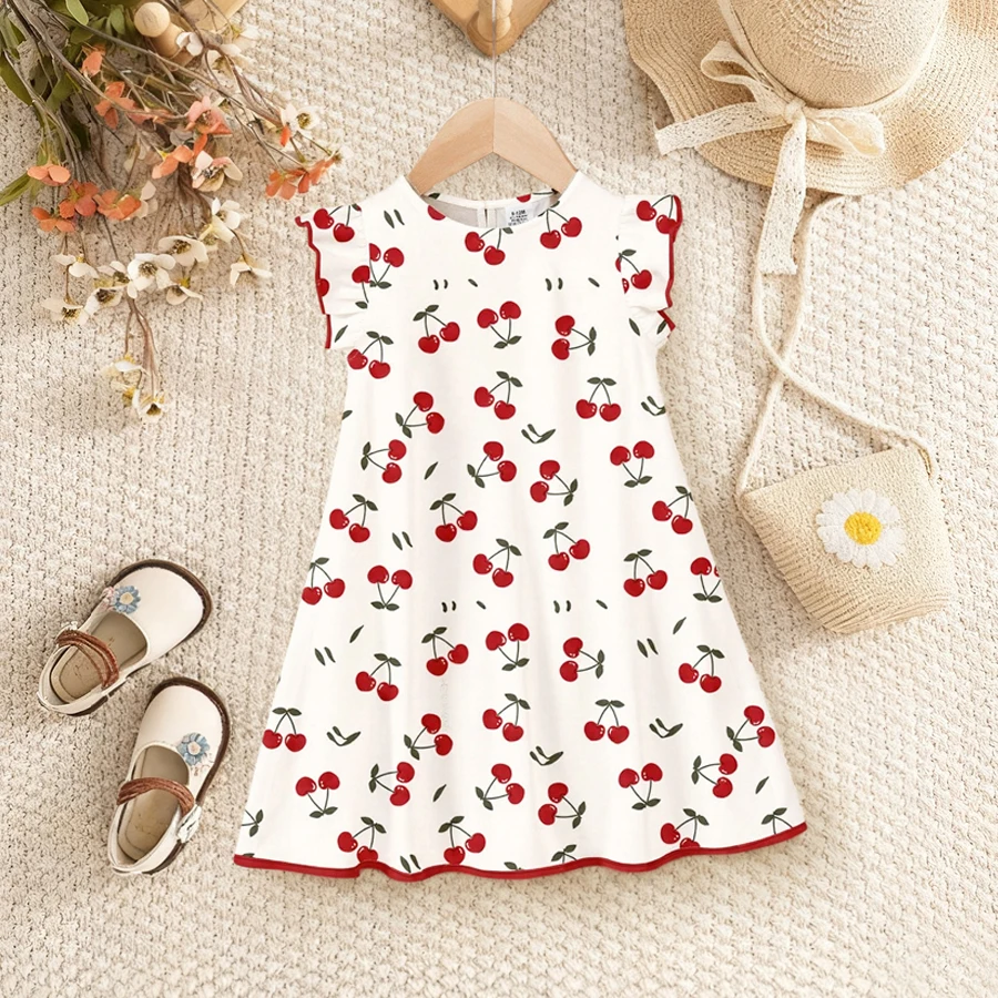 2026 New Summer Style Baby Girl Dress with Cherry Print and Small Flutter Sleeves, Fresh and Sweet A-Line Dress, Outfit for Baby's Outings and School Wear