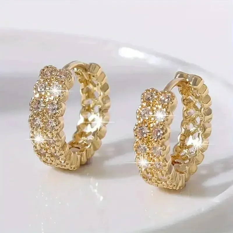 Fashionable And Elegant Shining Zircon Golden Hoop Earrings For Women's Classic Retro Banquet Decoration Exquisite Festival Gift