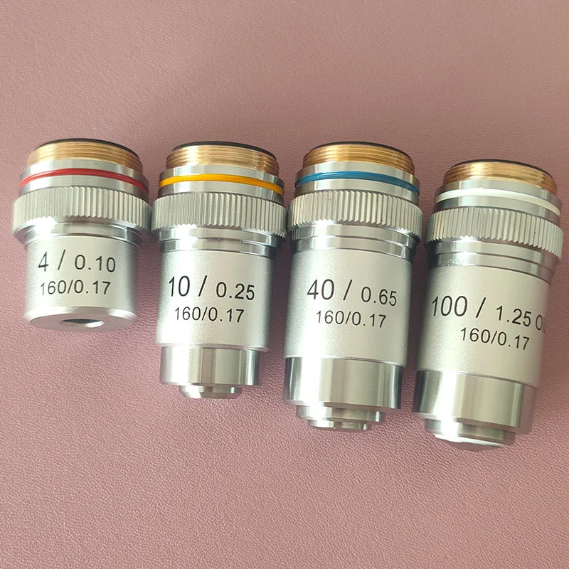 4X 10X 20X 40X 60X 100X 무색 대물 렌즈 195mm 공액 거리 튜브 길이 160mm 생물 현미경 대물 렌즈