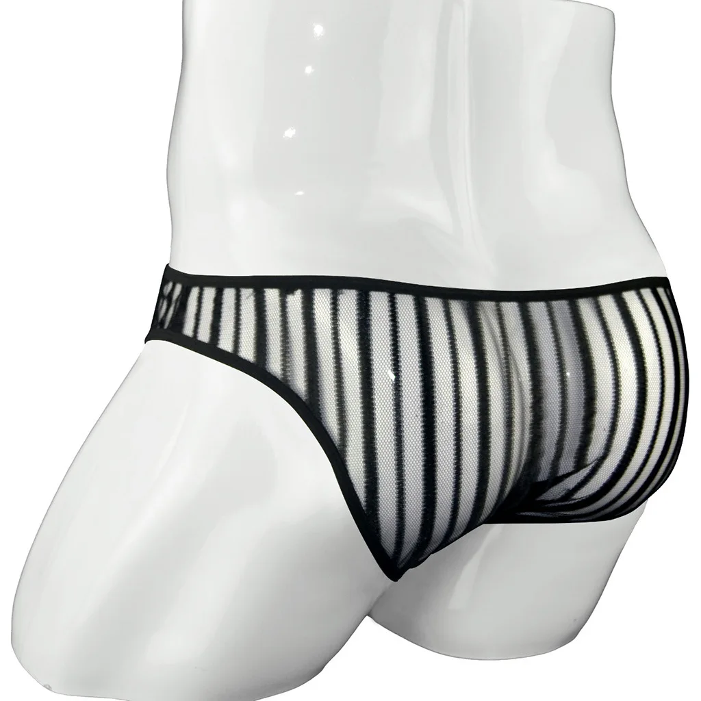 Men's Funny Underwear Vertical Stripe Transparent Mesh Briefs Gays Fashion U Convex Pouch Panties Youth Sexy Bottom Shorts New