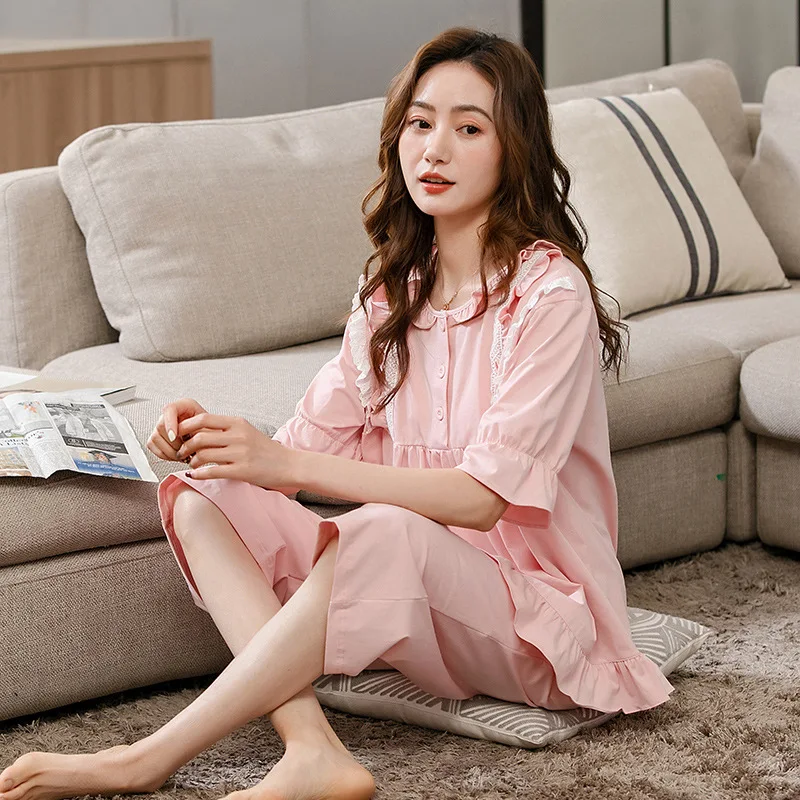 

Summer Women New Cotton Pajamas Cute Short Sleeve Female Nightwear Two Piece Set Lady Loose Casual Homewear Sleepwear