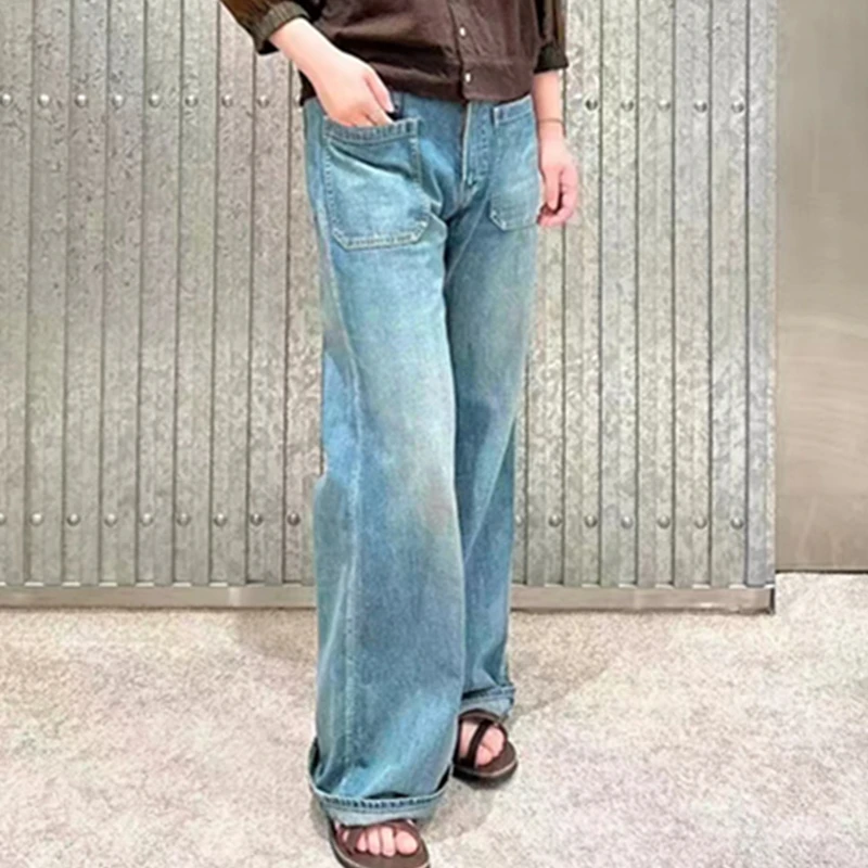 Vaqueros minimalistas Maxdutti para mujer, ropa de mujer, pantalones vaqueros neutros de color azul claro con bolsillo delantero y pierna recta para mujer