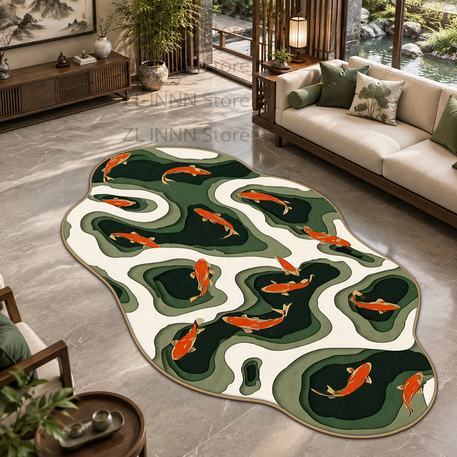 New Chinese Style Irregular Shape Decoration Home Carpet Zen Oriental Koi Fish Pattern Soft Living Room Rug Washable Large Mat