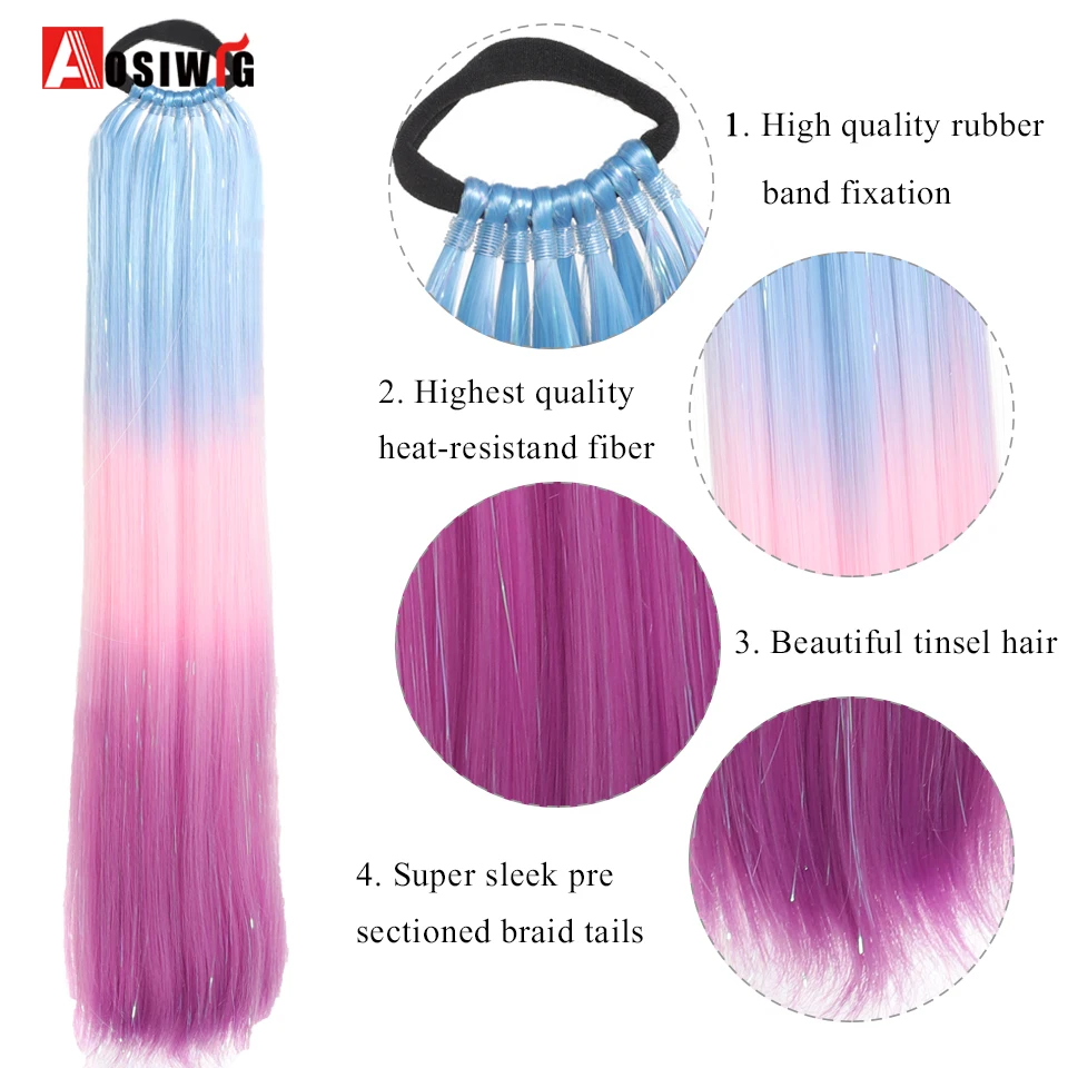 DIY Ombre Synthetic Ponytail With Elastic Hair Band Hair Extensions Tinsel Ponytail Colorful Hair For Braiding Hair Extensions